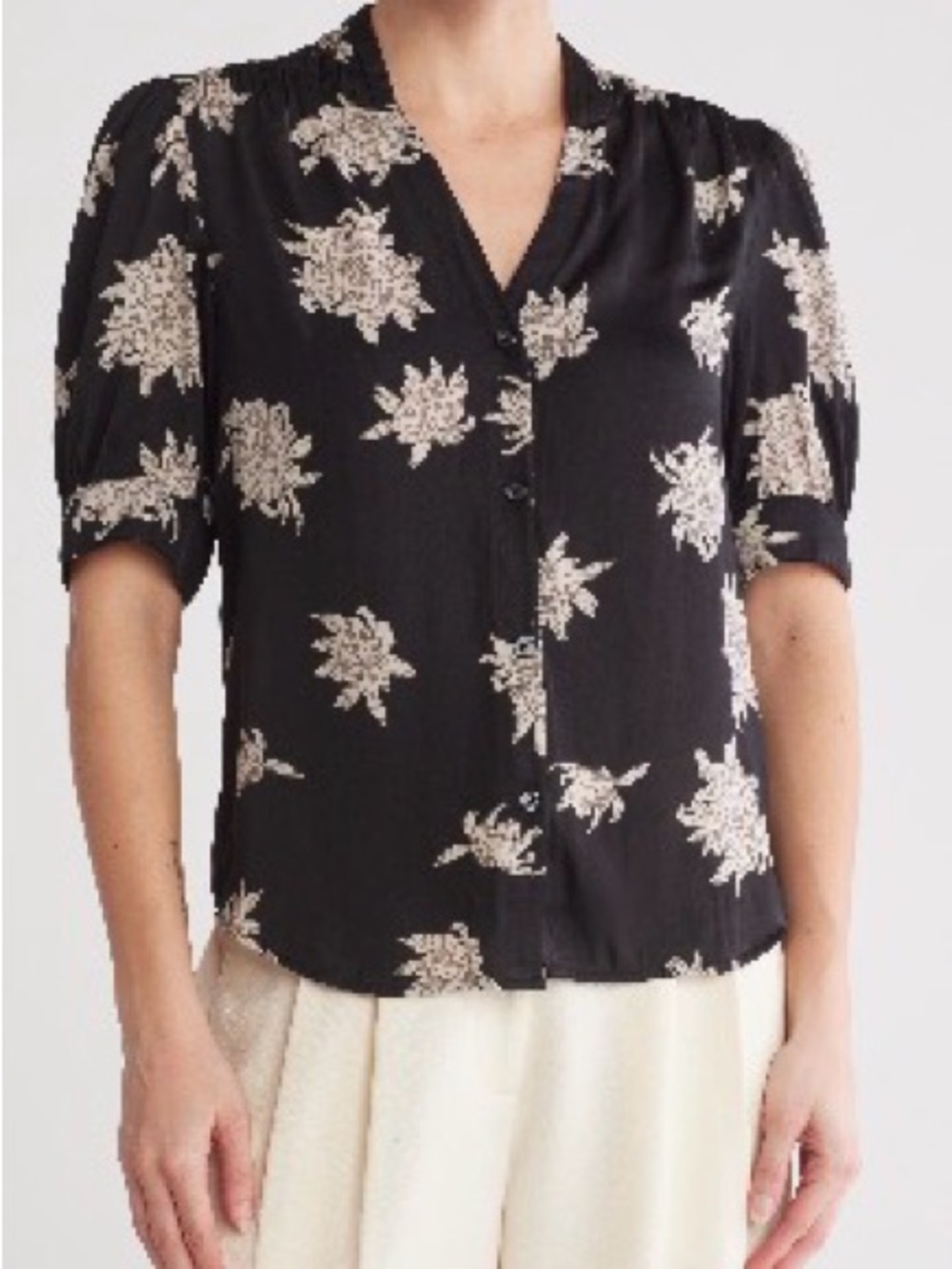 T Tahari Black Blouse with Cream Floral Print